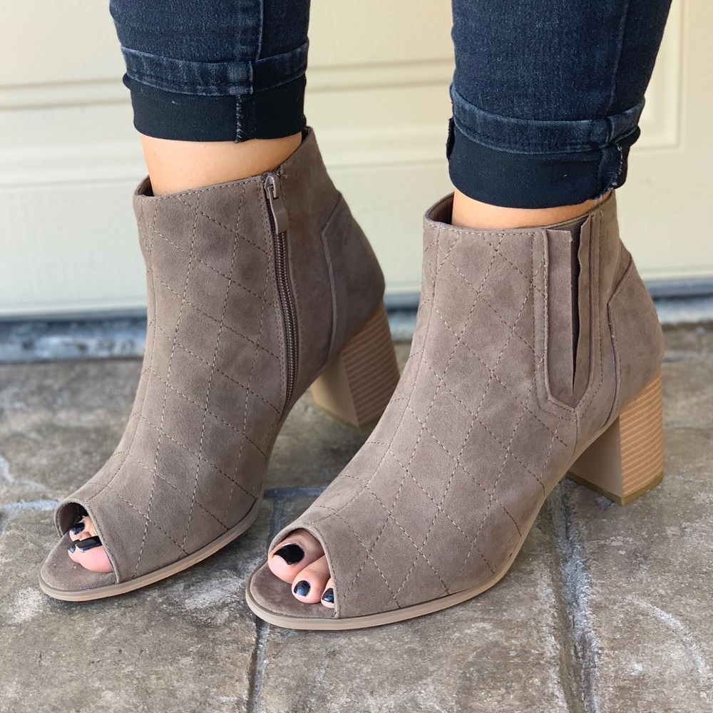 Taupe Quilted Peep Toe Block Heel Ankle Booties - Picture 2 of 4